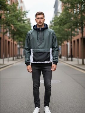 Forever 21 Men's Hooded Windbreaker in Dark Green with Black & White Accents